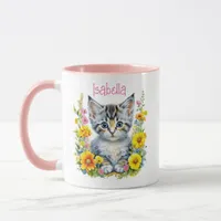 Personalized Gray Kitten and Flowers Watercolor Mug