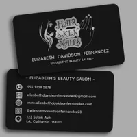 Beauty Salon Modern Silver Logo Social Media Black Business Card