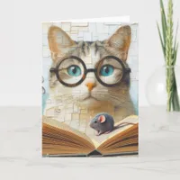 Cat Reading Book With Mouse Card