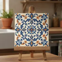 Mediterranean Azulejo Style Navy Blue and Orange Ceramic Tile