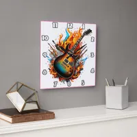 Fiery guitar amid flames and shadows square wall clock