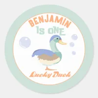 One Lucky Duck &  Bubbles First Birthday Pastel  Classic Round Sticker