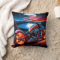 Motorcycle ride under the moon with American flag Throw Pillow