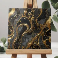 Elegant Black and Gold Swirls with Marble Accents Ceramic Tile