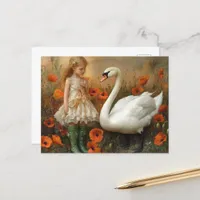Girl and Swan in the Poppies Postcard