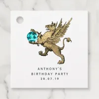 Teal and Gold Griffon Damask Aquamarine Gemstone Favor Tags