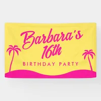 Modern Beach Yellow Pink Script 16th Birthday Banner