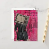 Woman With TV Head Newspaper Mixed Media Collage Postcard