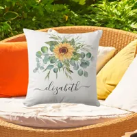 Sunflower eucalyptus greenery name script outdoor pillow
