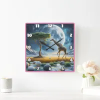 Giraffe gracefully wandering under a radiant moon square wall clock