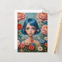 Blue Hair and Flowers Postcard