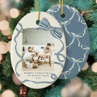 Vintage Dusty Blue Ribbon Christmas Photo Ornament