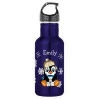 Adorable Hand drawn Penguin with Snowballs Stainless Steel Water Bottle