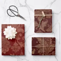 Rich Burgundy Red and Gold Damask Wrapping Paper Sheets
