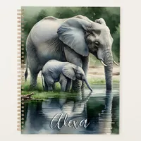 Watercolor Illustration of Mama and Baby Elephant Planner
