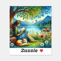 Girl Reading a Book under a Tree with a Sleepy Cat Sticker