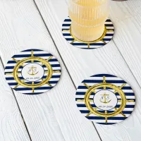 Navy Blue Stripes and Gold Nautical Wedding Round Paper Coaster