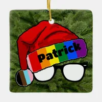 Rainbow Santa Hat with Glasses  Ceramic Ornament