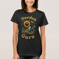 Garden Guru Watering Can and Sunflowers Black T-Shirt