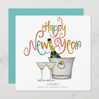 Teal Coral Gold Glitter Happy New Year Champagne Holiday Card