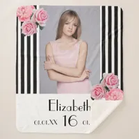 Sweet 16 black white stripes floral photo sherpa blanket