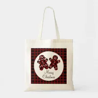 Merry Christmas Red & Black Plaid Gingerbread Tote Bag