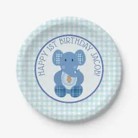 Blue Plaid Elephant Happy 1st Birthday  Plate