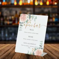 Blush pink floral eucalyptus bar menu pedestal sign