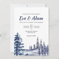 Indigo Pine Fence Rustic Watercolor Winter Wedding Invitation