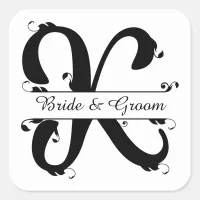 Black and White Split Letter K Monogram Square Sticker