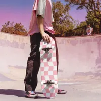 Girly Pink White Retro Checker Pattern Skateboard