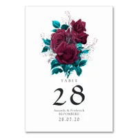 Turquoise and Burgundy Floral Wedding Table Number