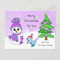 Cute Whimsical Christmas Snowman and Bird Postcard