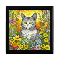 Whimsical Cat and Flowers Gift Box