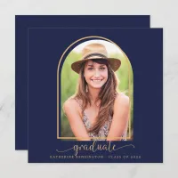 Modern Navy Blue Gold Boho Arch Photo Graduation Invitation