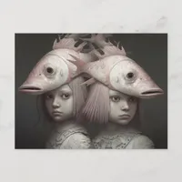 Twins With Pink Fish on Heads Horror AI Art Postcard