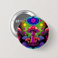Psychedelic Vibrant Colorful Retro Mushrooms Button