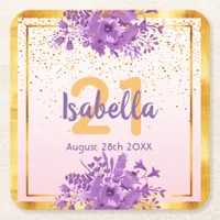 21st birthday rose gold pink florals name square paper coaster