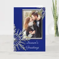 Silver Tone Snowflakes on Blue Season's Greetings Holiday Card