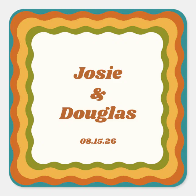 Wavy Border Retro 70s Vintage Aesthetic Wedding  Square Sticker