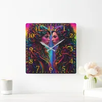 Colorful Twin Portraits With Curly Hair Design Square Wall Clock