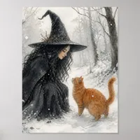 Fantasy Witch and Ginger Cat in Winter Forest Poster