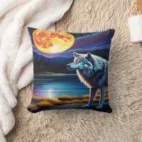 Majestic Wolf Under Glowing Full Moon at Lake Throw Pillow