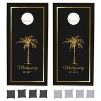 Elegant Black Gold Foil Palm Tree Name Date Cornhole Set