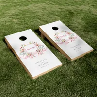 Pink Watercolor Regency Botanical Crest Wedding Co Cornhole Set