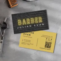 Rustic Black Brick Wall Neon Typography Barber Business Card