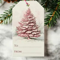 Rustic Pink Watercolor Winter Pine Tree Christmas Gift Tags