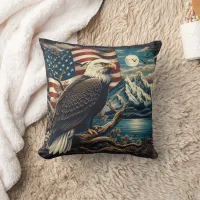 Majestic Eagle Perched Near Mountains and Flag Throw Pillow