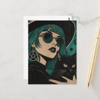 A witch with her black cat Woodblock print Postcard