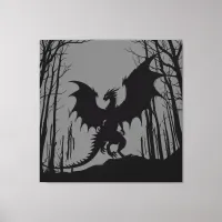 Black Silhouette Dragon on Grey - Fantasy | Canvas Print